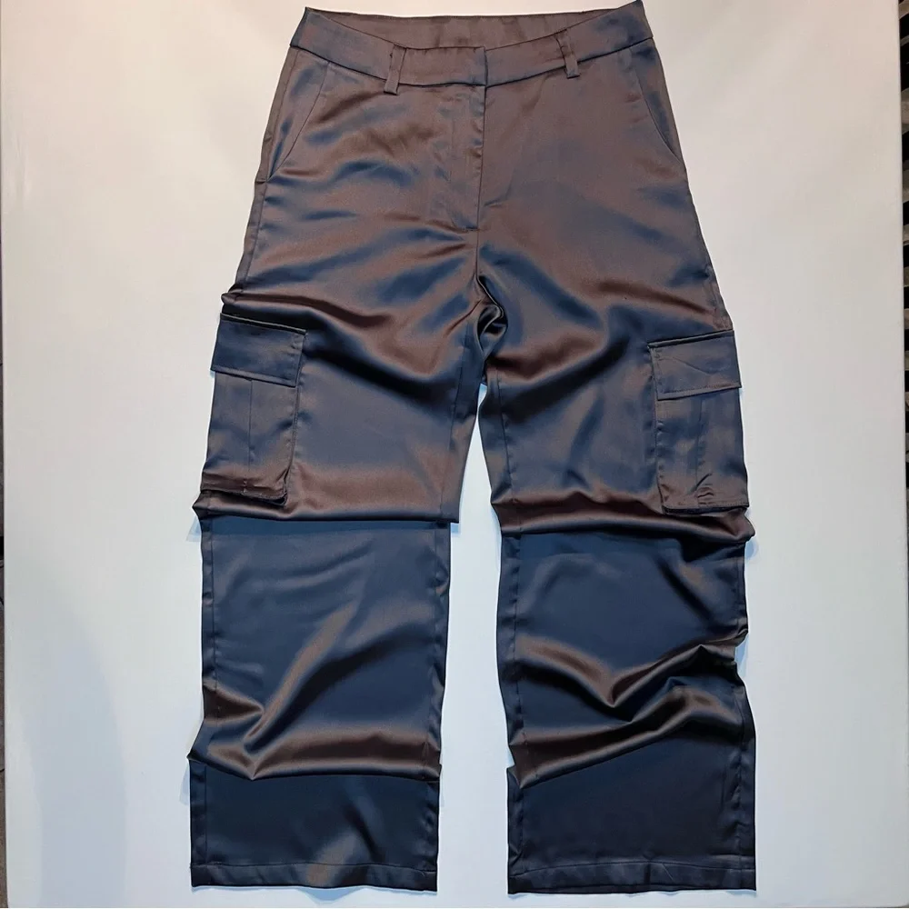 Wide Leg Satin Cargo Pants in Charcoal Gray - Picture 4 of 8